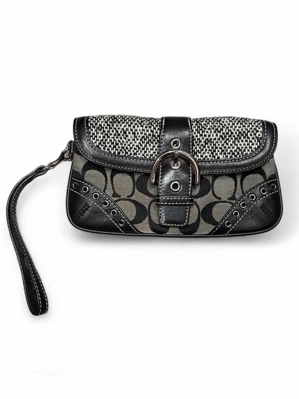 Coach Black and Gray Signature Buckle Wristlet